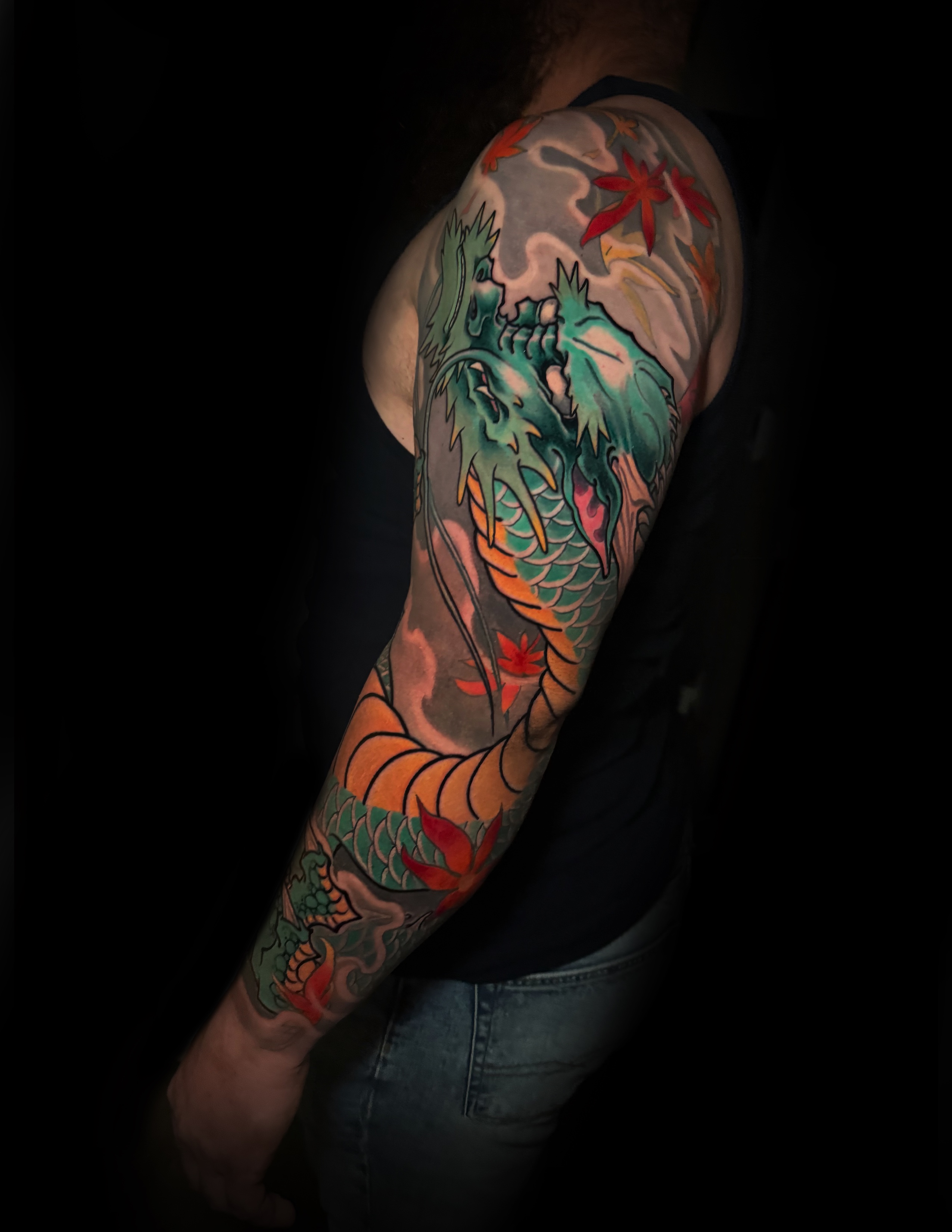 Colorful Japanese dragon sleeve by Flávio
