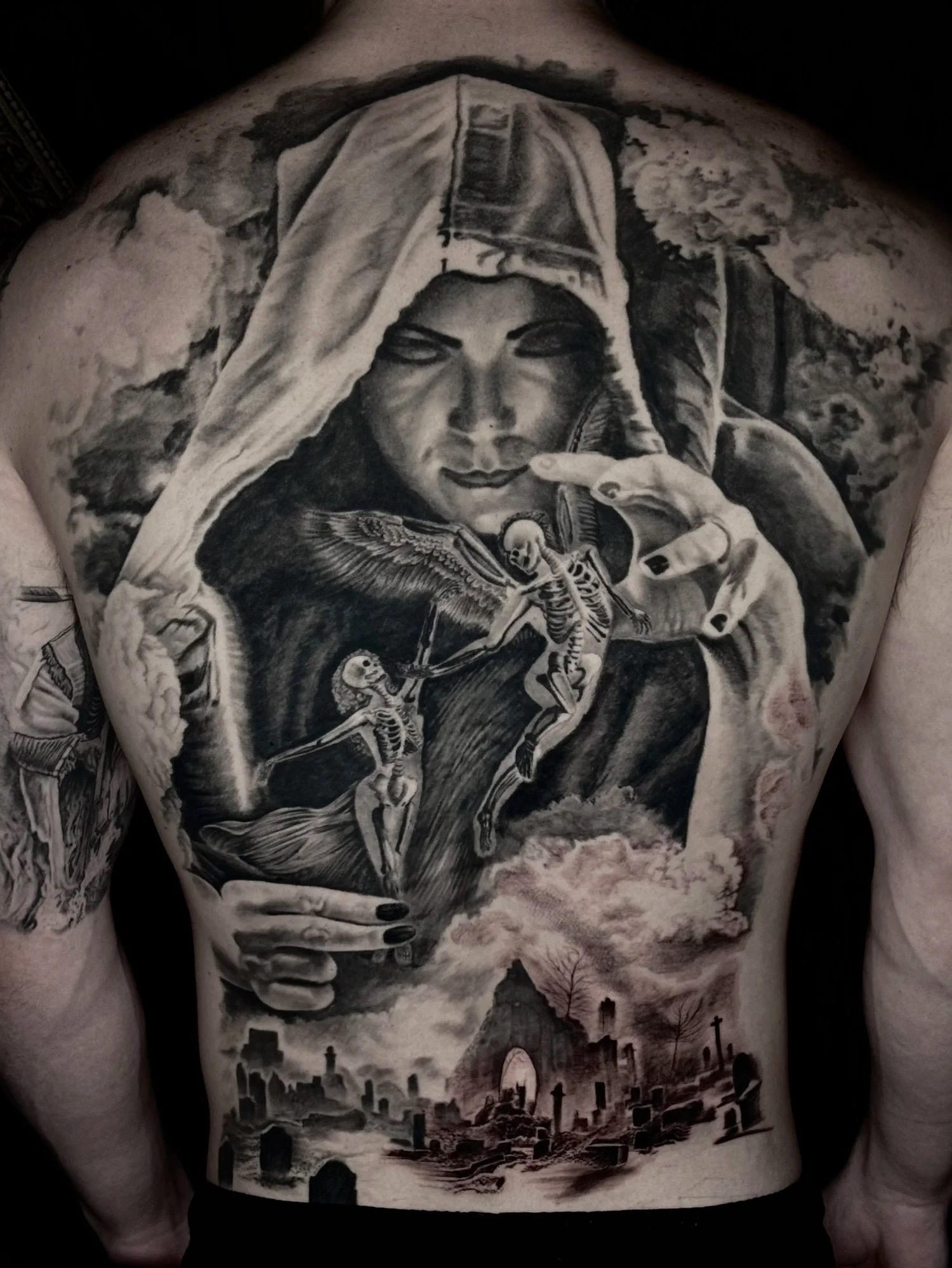 Black and grey woman portrait back tattoo by Maverick Mayes