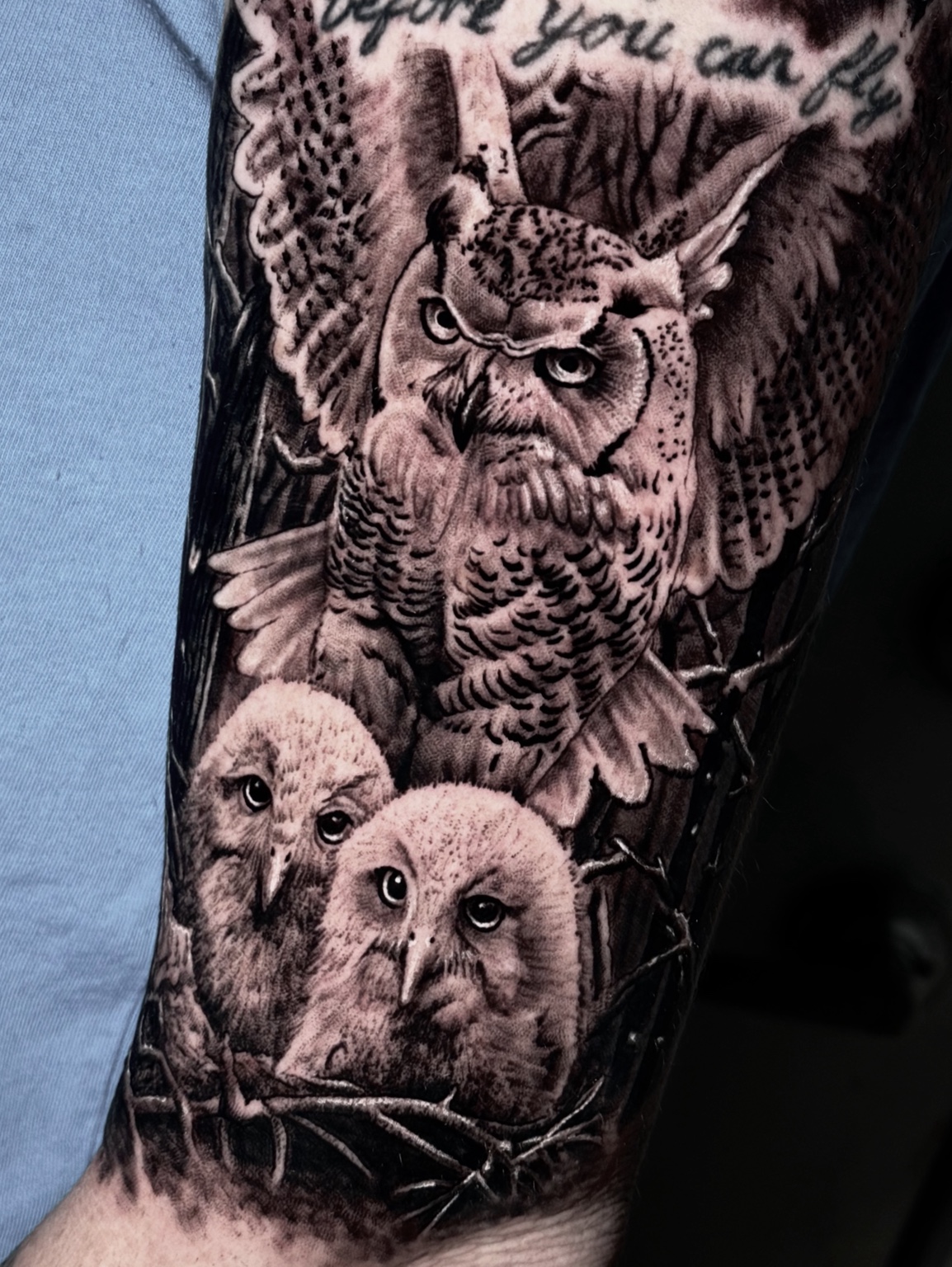 Black and grey owls tattoo by Maverick Mayes