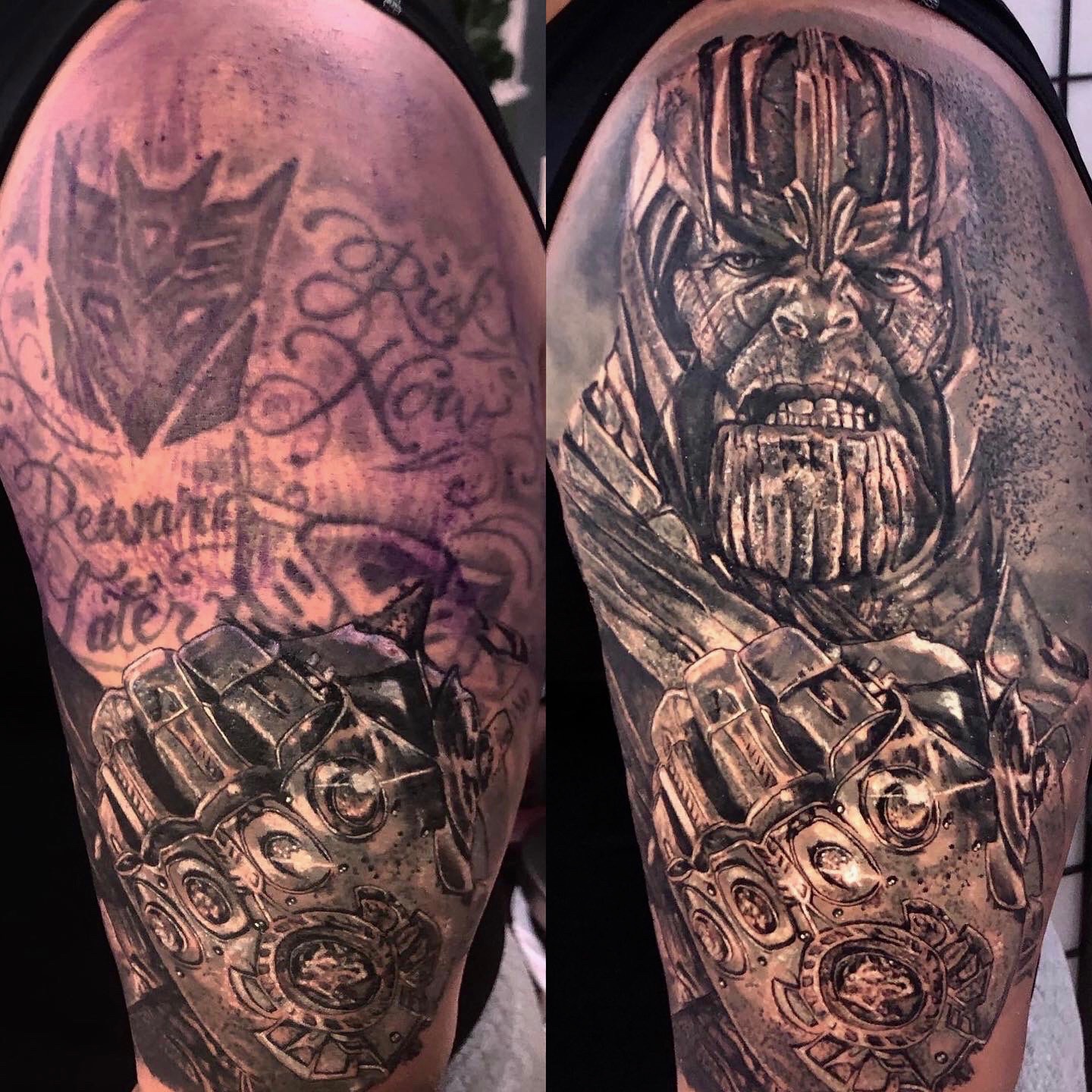 Before and after black and grey tattoo rework by Maverick Mayes