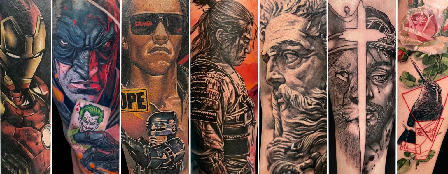 Selection of color and black-and-grey tattoos by Ink O'Clock Tattoo Shop