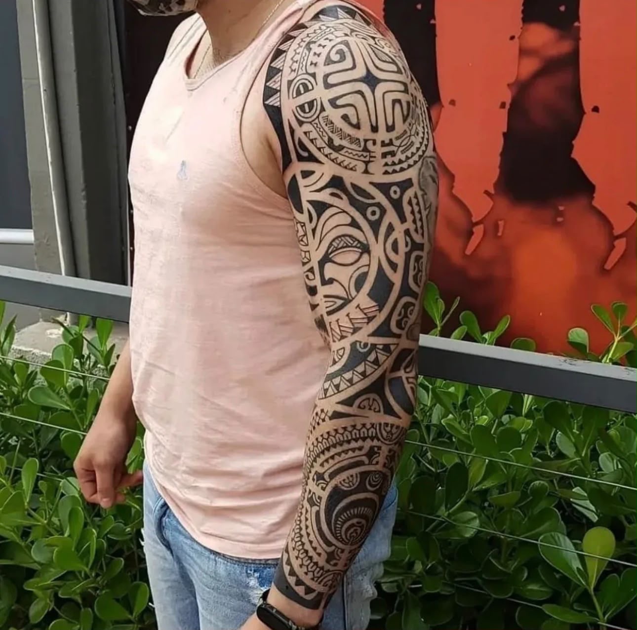 Polynesian full arm tattoo by Tchelo